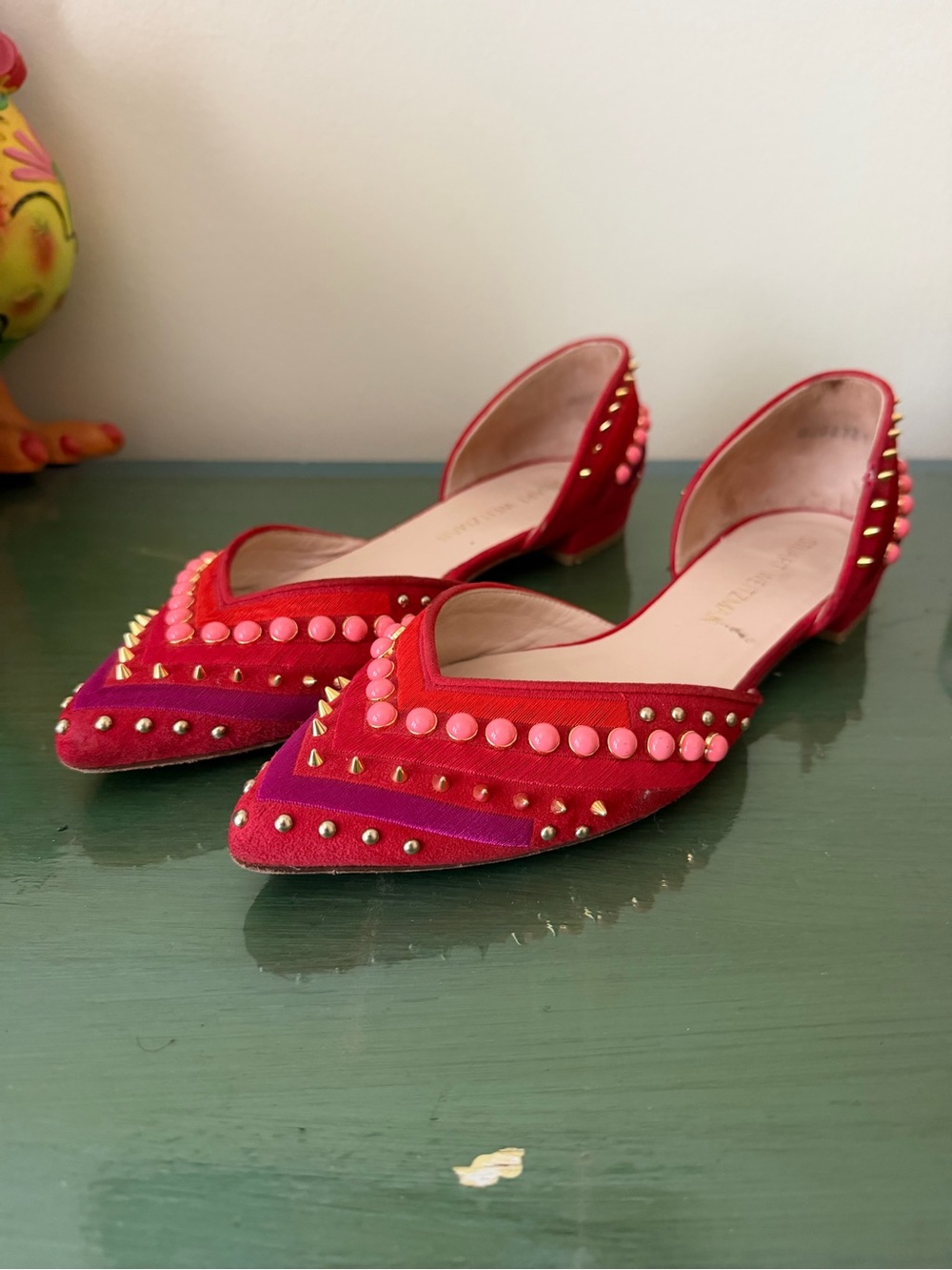 Stuart Weitzman Red and Pink Gold Studded Pointed D'Orsay Flats